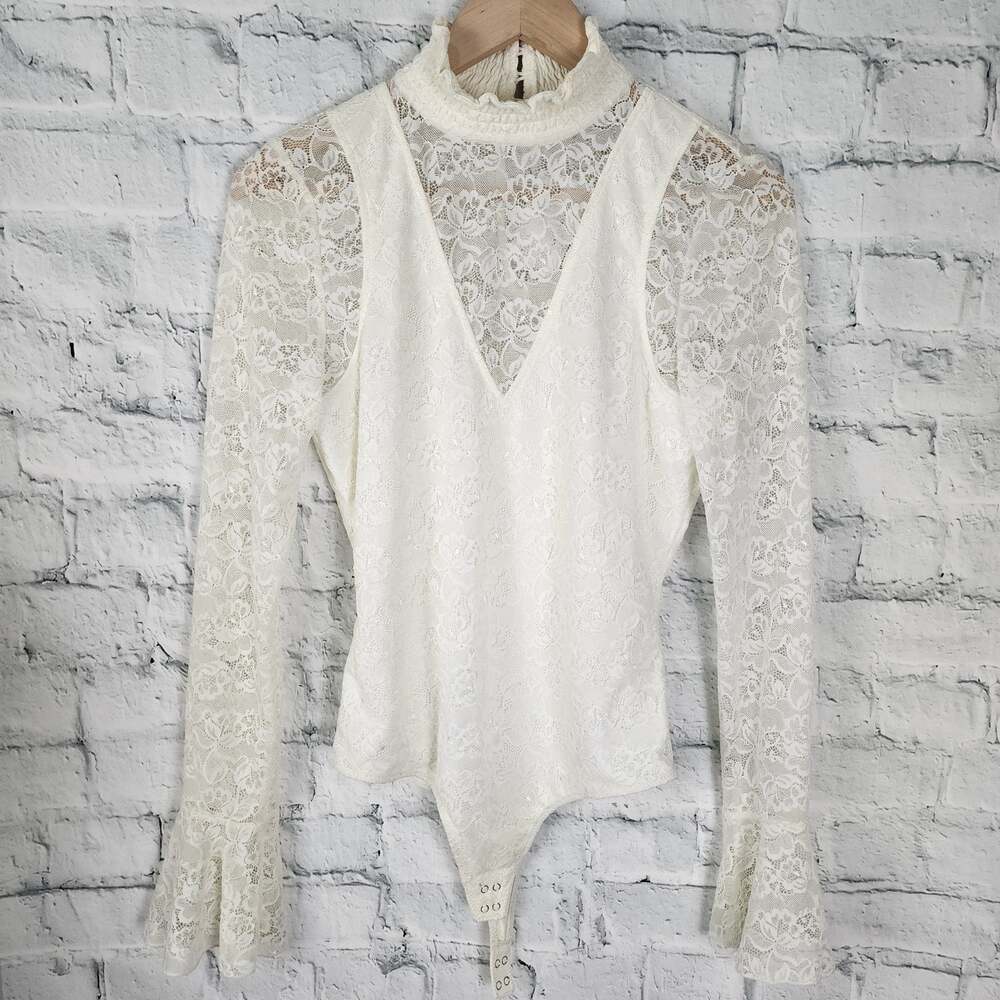 Intermix camille lace bodysuit Sz S mock neck long sleeve Top A18C